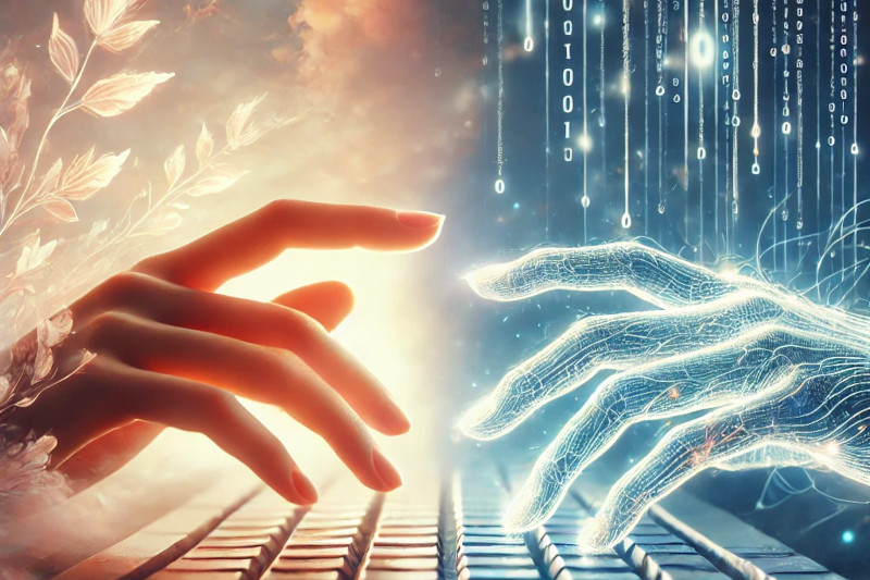 Due mani femminili digitano sulla stessa tastiera: una è umana, l’altra composta da luce digitale. Sullo sfondo, cielo e codice si fondono in un’atmosfera simbolica e onirica.