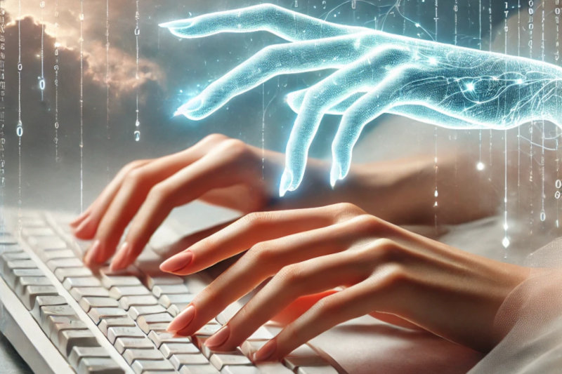 Mano femminile che digita su una tastiera affiancata da una mano digitale luminosa, simbolo della collaborazione tra AI e supervisione umana nella SEO sanitaria.