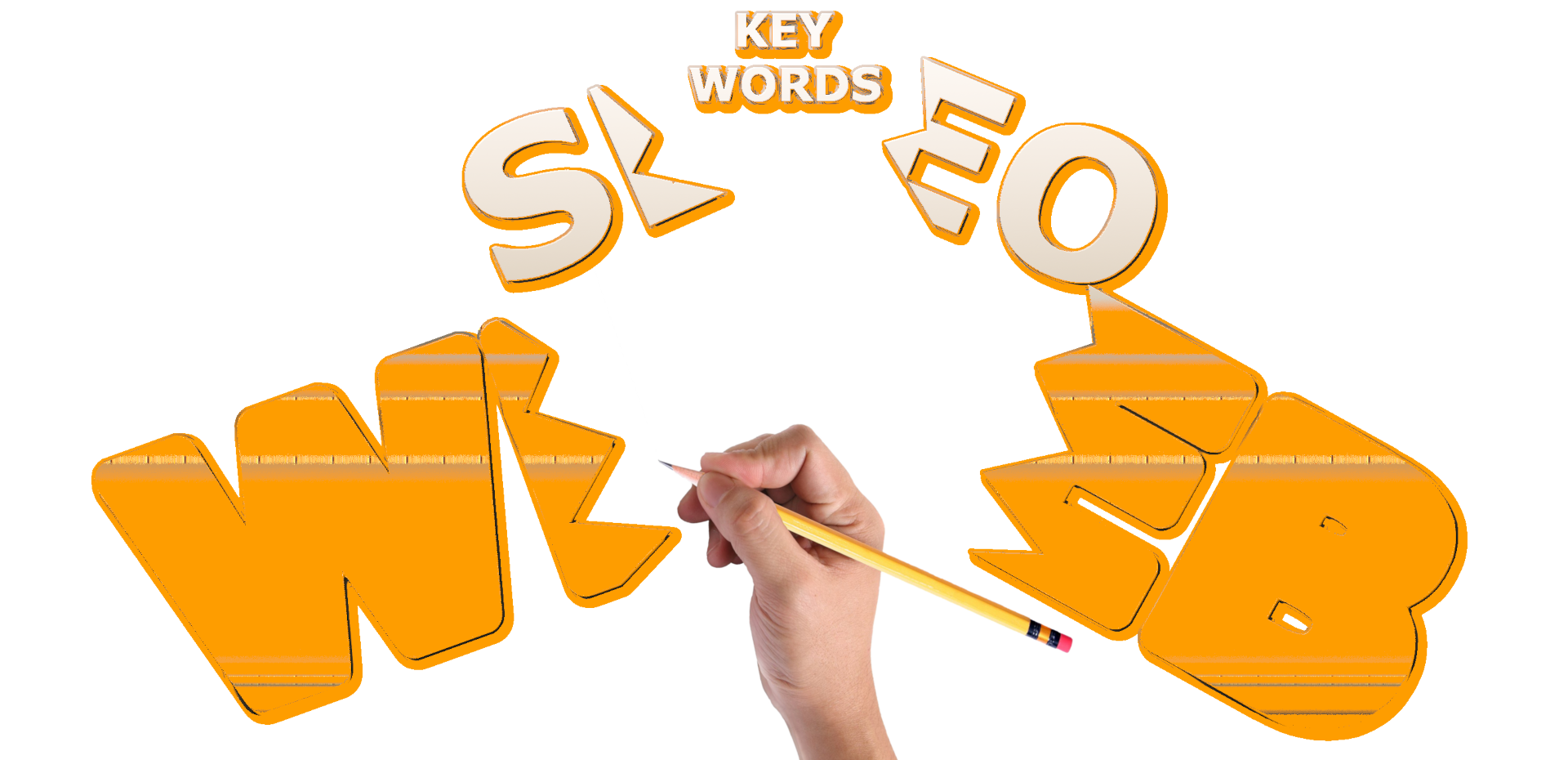 Illustrazione di una mano che disegna parole chiave legate a SEO, web e contenuti, evidenziando l'importanza delle keywords per l'ottimizzazione online